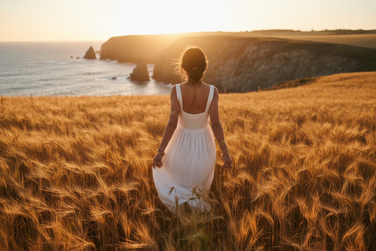 necesito generar una imagen de alta resolución. La foto sería de una mujer vestida de blanco con un vestido veraniego y elegante, con muchas joyas en las manos. La mujer camina por un campo de centeno alto y muy amarillento, camina hacia el mar con unos acantilados típicos de Galicia. La mujer camina hacia el mar, estando de espaldas a la cámara sin versele la cara. la imagen la necesito en 16:9. En el fondo detrás de la mujer tiene que estar la puesta de sol que hará que el color general de la foto sea más